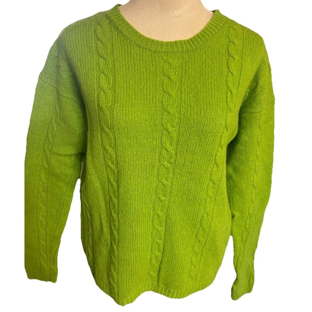 Vintage Ann Wi 100% Wool Womens Size M Cable Knit Neon Green Pullover Sweater